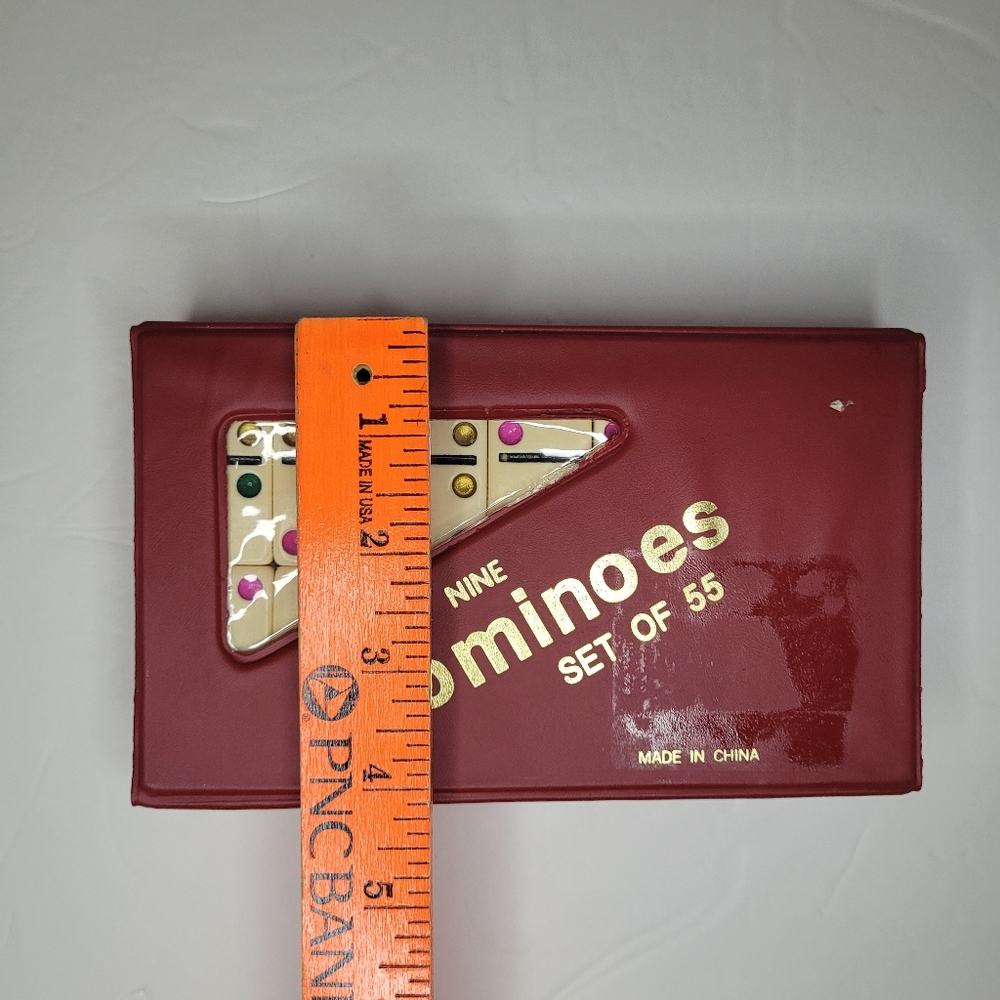 VINTAGE DOUBLE NINE PROFESSIONAL DOMINOES COLORED DOTS ORIGINAL RED VINYL CASE